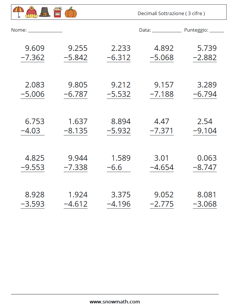 (25) Decimali Sottrazione ( 3 cifre ) Fogli di lavoro di matematica 2