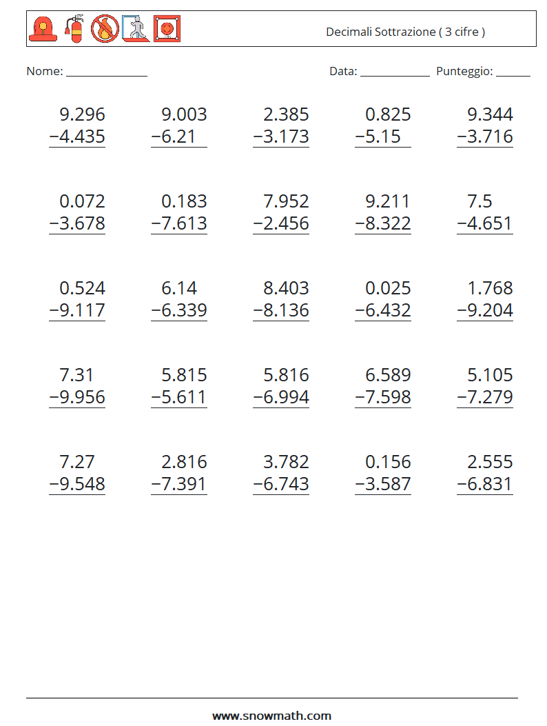 (25) Decimali Sottrazione ( 3 cifre ) Fogli di lavoro di matematica 3