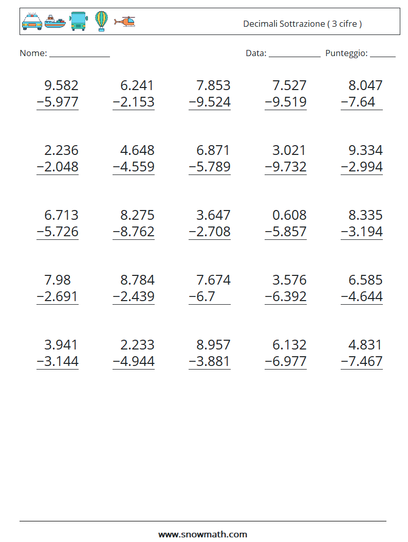 (25) Decimali Sottrazione ( 3 cifre ) Fogli di lavoro di matematica 4
