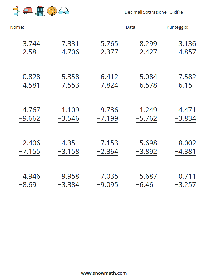 (25) Decimali Sottrazione ( 3 cifre ) Fogli di lavoro di matematica 5