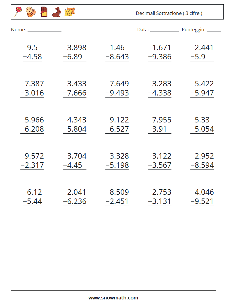 (25) Decimali Sottrazione ( 3 cifre ) Fogli di lavoro di matematica 6