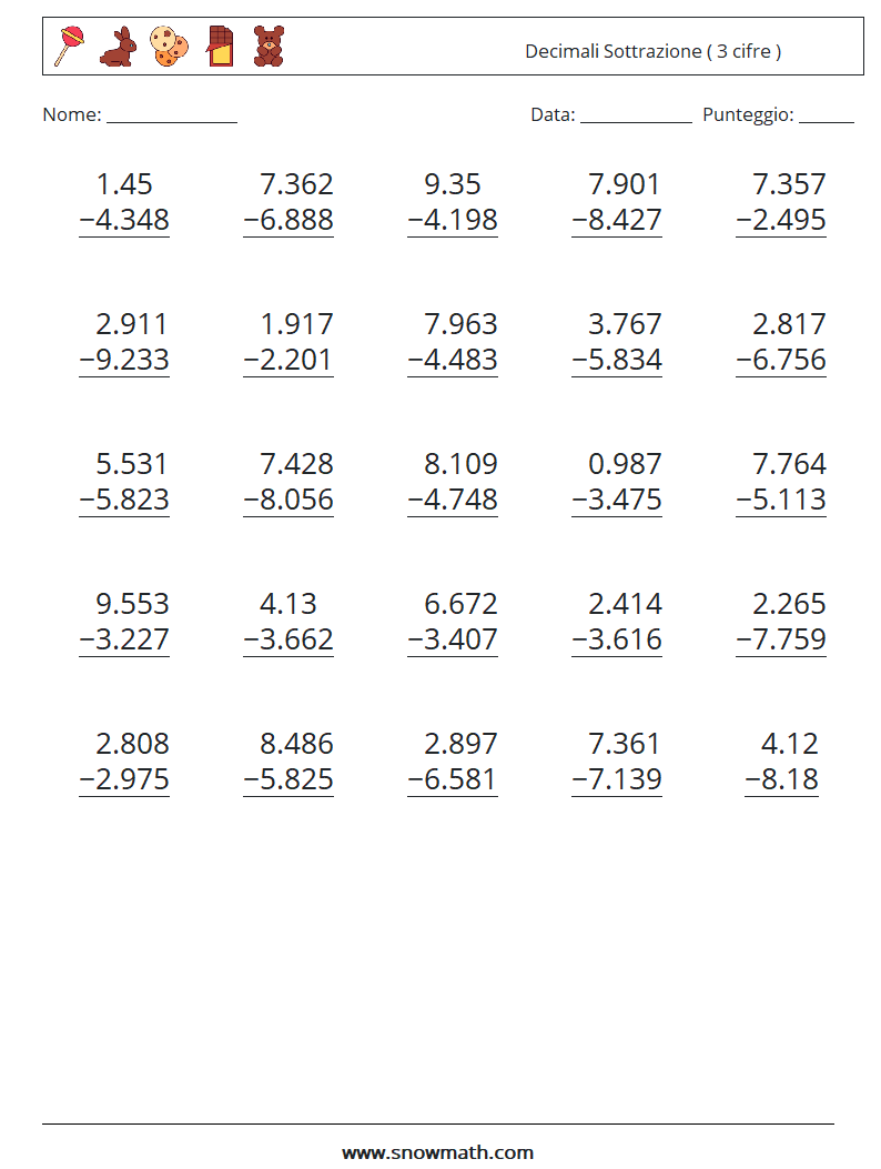 (25) Decimali Sottrazione ( 3 cifre ) Fogli di lavoro di matematica 7