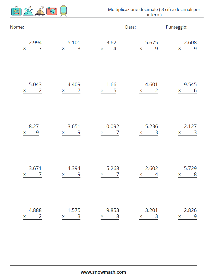 (25) Moltiplicazione decimale ( 3 cifre decimali per intero ) Fogli di lavoro di matematica 3