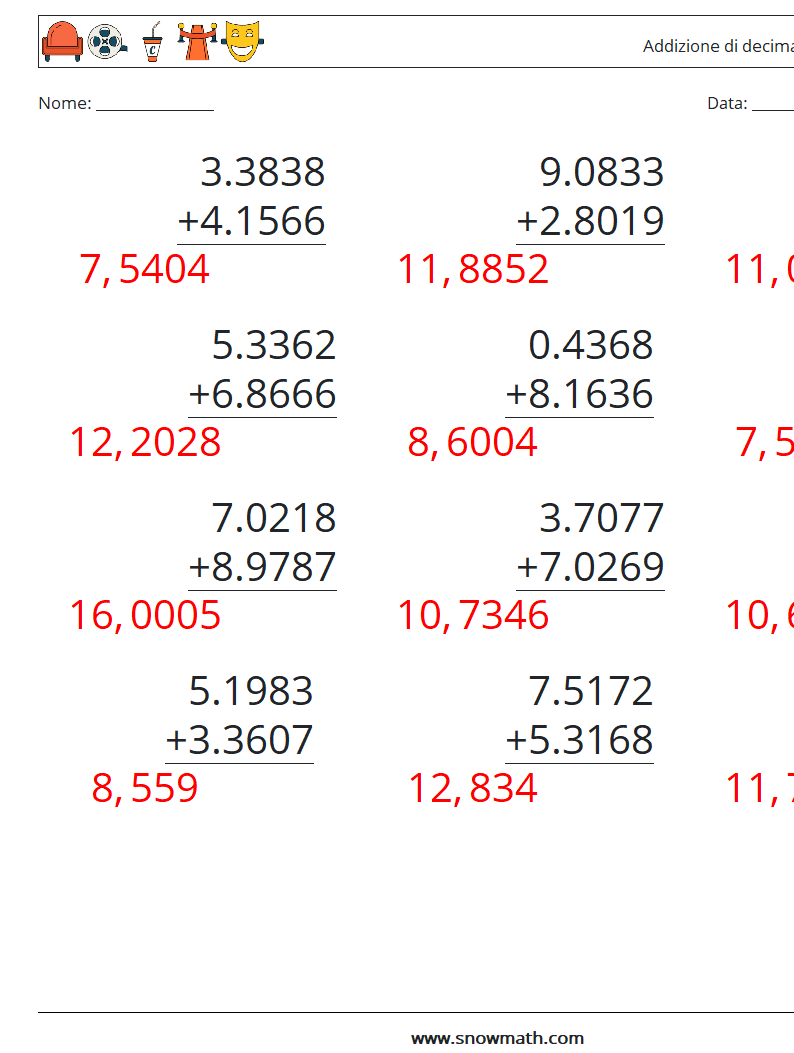 (12) Addizione di decimali ( 4 cifre ) Fogli di lavoro di matematica 4 Domanda, Risposta