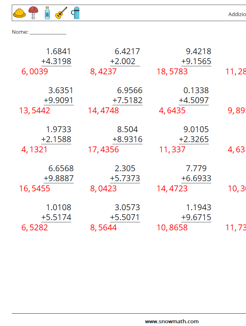 (25) Addizione di decimali ( 4 cifre ) Fogli di lavoro di matematica 10 Domanda, Risposta