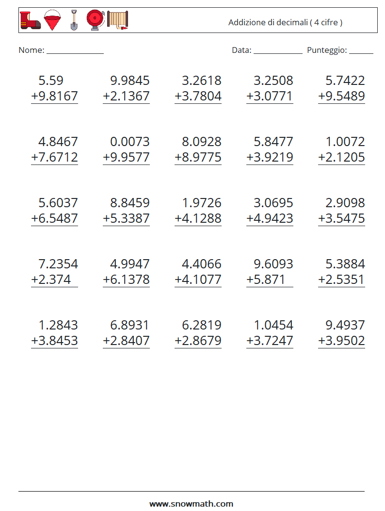 (25) Addizione di decimali ( 4 cifre ) Fogli di lavoro di matematica 11