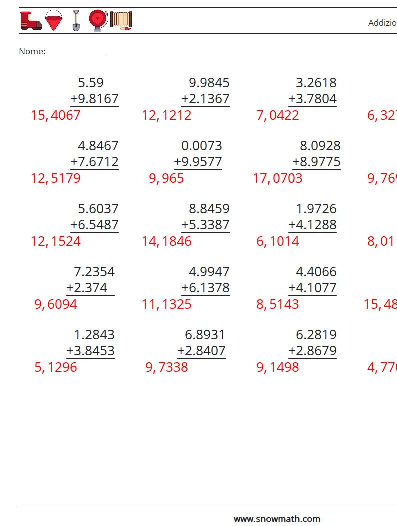 (25) Addizione di decimali ( 4 cifre ) Fogli di lavoro di matematica 11 Domanda, Risposta