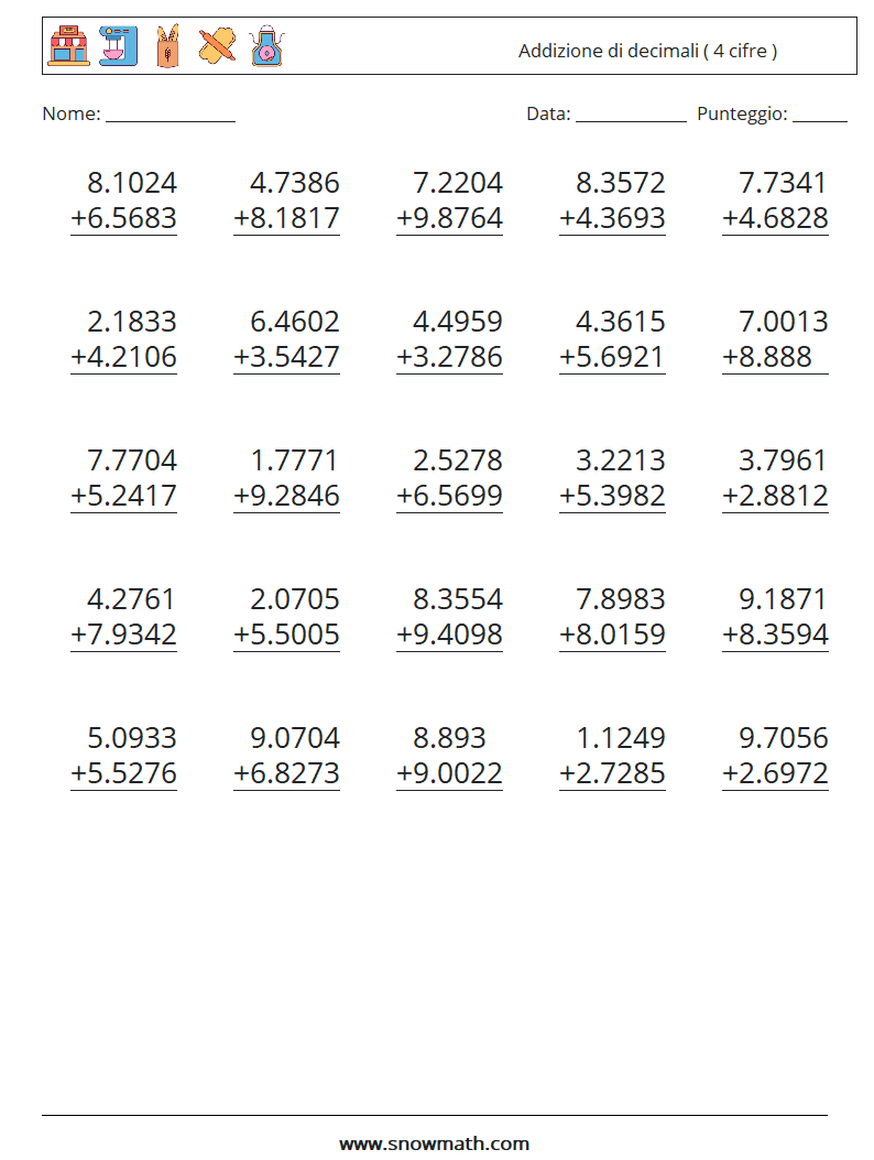 (25) Addizione di decimali ( 4 cifre ) Fogli di lavoro di matematica 12