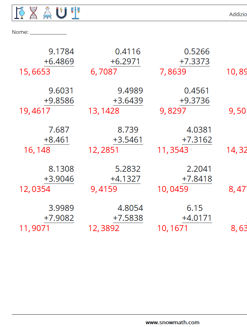 (25) Addizione di decimali ( 4 cifre ) Fogli di lavoro di matematica 15 Domanda, Risposta