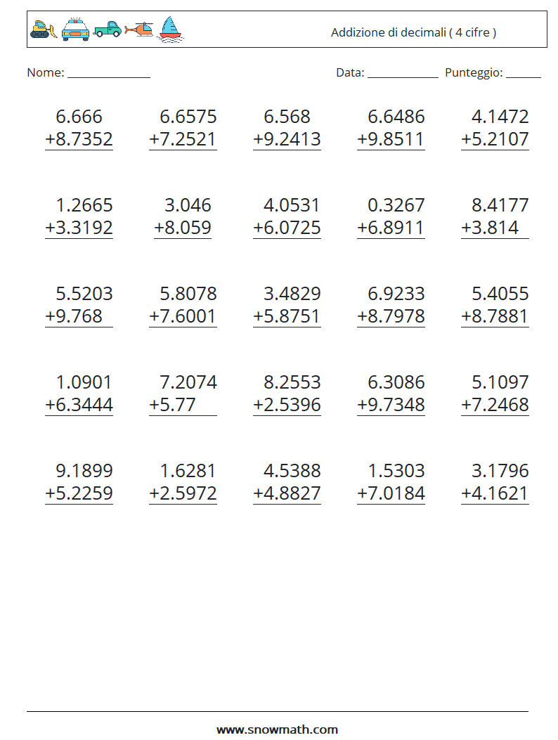 (25) Addizione di decimali ( 4 cifre ) Fogli di lavoro di matematica 16