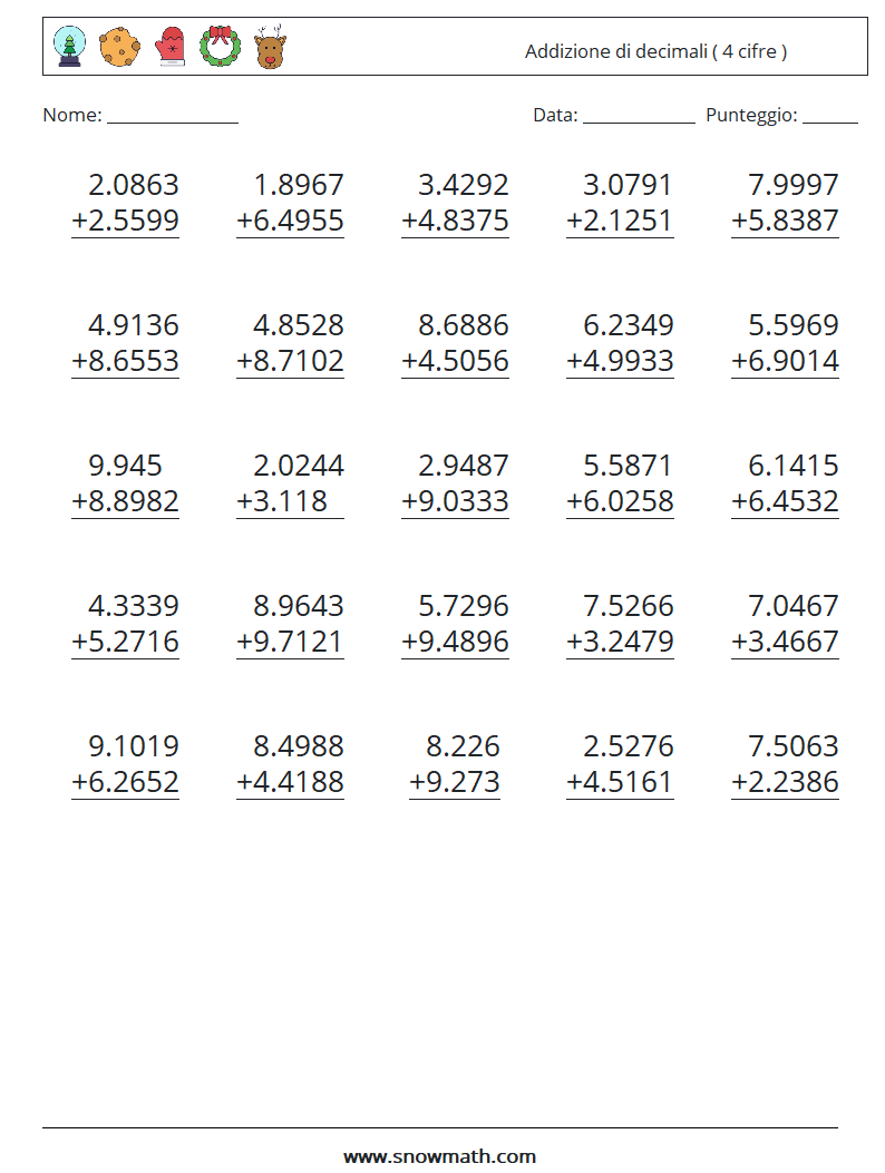 (25) Addizione di decimali ( 4 cifre ) Fogli di lavoro di matematica 17