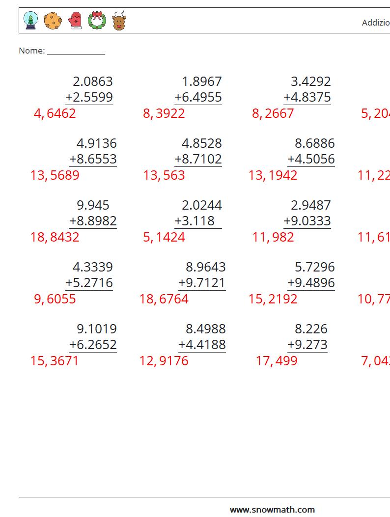 (25) Addizione di decimali ( 4 cifre ) Fogli di lavoro di matematica 17 Domanda, Risposta