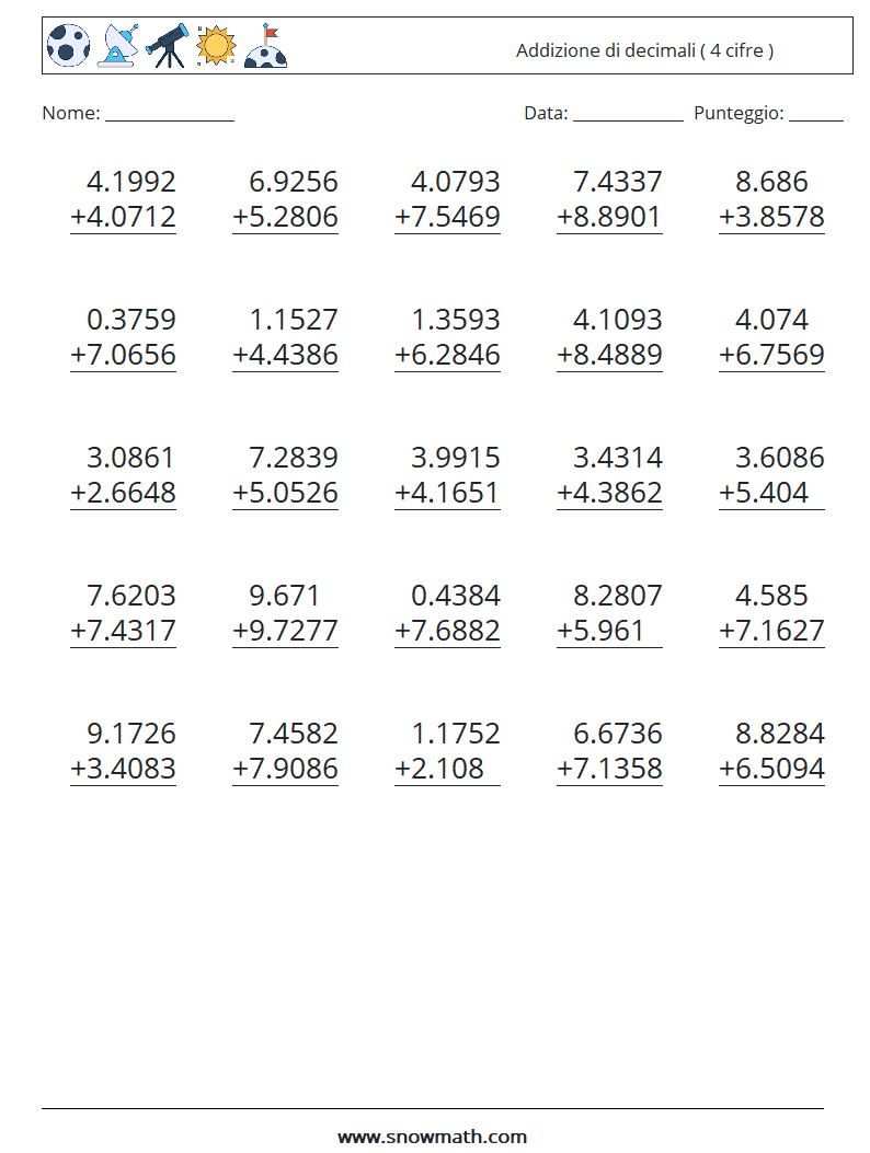 (25) Addizione di decimali ( 4 cifre ) Fogli di lavoro di matematica 5