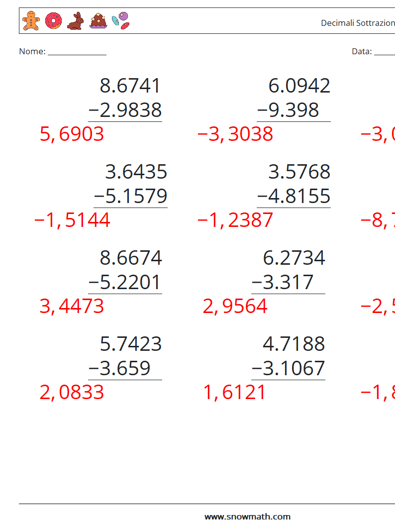 (12) Decimali Sottrazione ( 4 cifre ) Fogli di lavoro di matematica 16 Domanda, Risposta