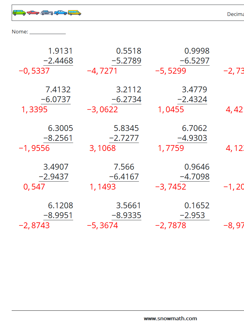 (25) Decimali Sottrazione ( 4 cifre ) Fogli di lavoro di matematica 10 Domanda, Risposta