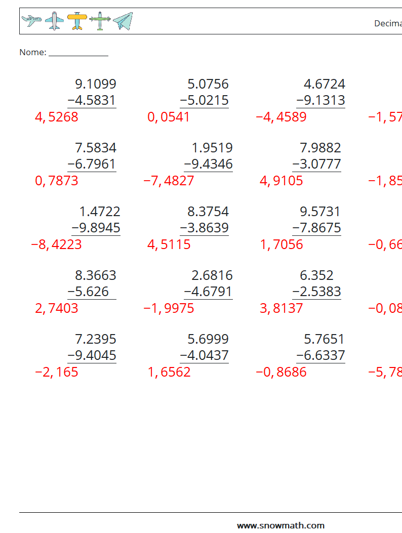 (25) Decimali Sottrazione ( 4 cifre ) Fogli di lavoro di matematica 12 Domanda, Risposta