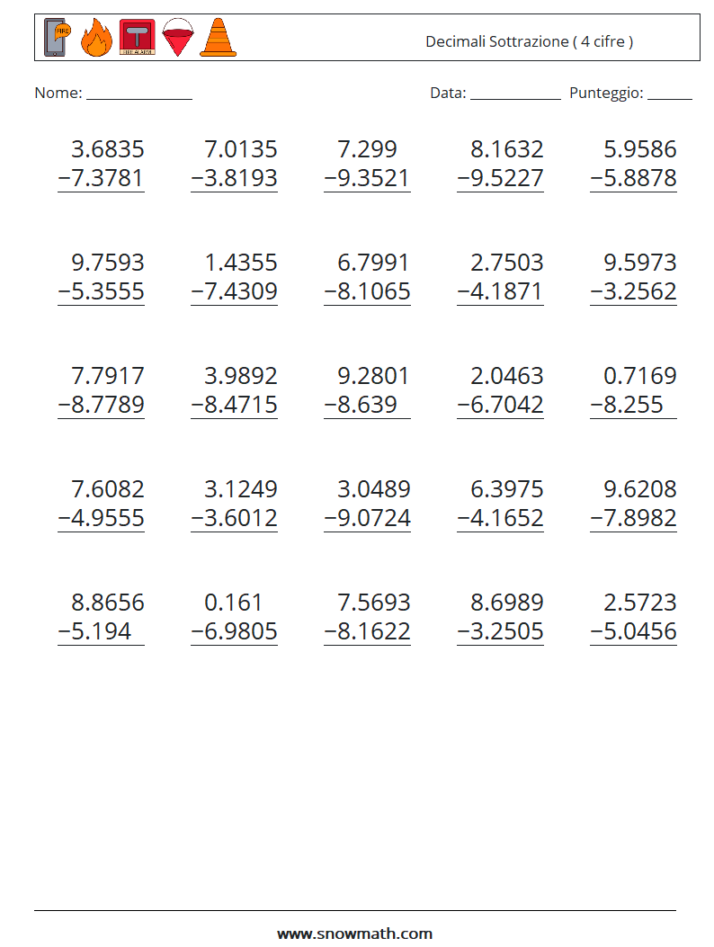 (25) Decimali Sottrazione ( 4 cifre ) Fogli di lavoro di matematica 2
