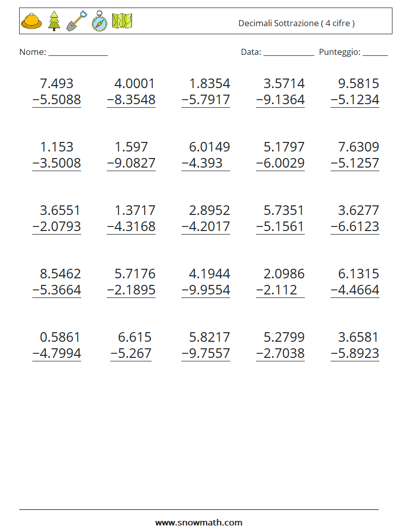 (25) Decimali Sottrazione ( 4 cifre ) Fogli di lavoro di matematica 4