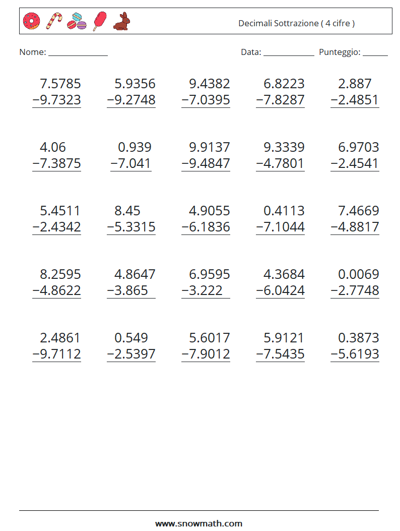 (25) Decimali Sottrazione ( 4 cifre ) Fogli di lavoro di matematica 7