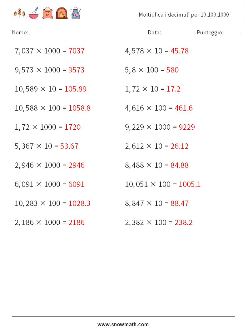 Moltiplica i decimali per 10,100,1000 Fogli di lavoro di matematica 11 Domanda, Risposta