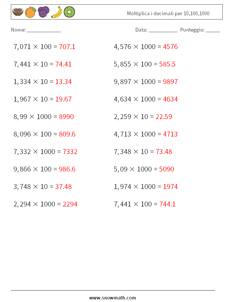 Moltiplica i decimali per 10,100,1000 Fogli di lavoro di matematica 12 Domanda, Risposta