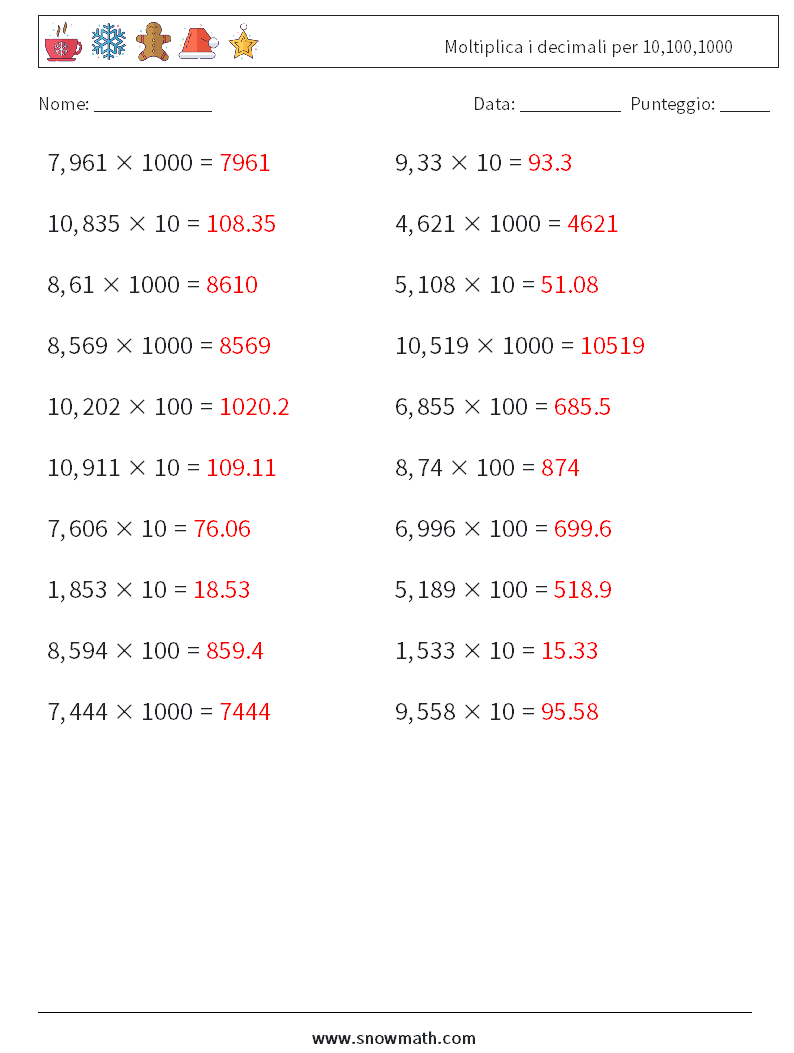 Moltiplica i decimali per 10,100,1000 Fogli di lavoro di matematica 16 Domanda, Risposta