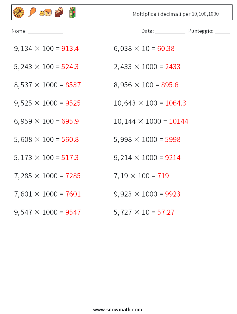 Moltiplica i decimali per 10,100,1000 Fogli di lavoro di matematica 18 Domanda, Risposta