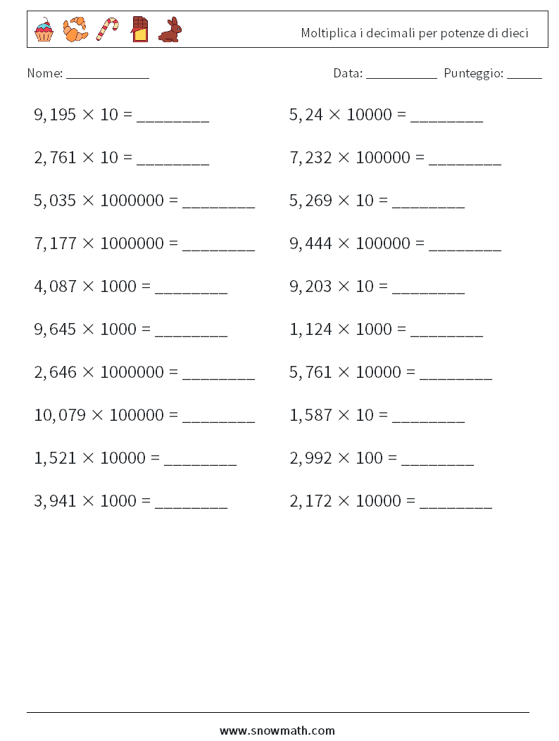 Moltiplica i decimali per potenze di dieci Fogli di lavoro di matematica 10