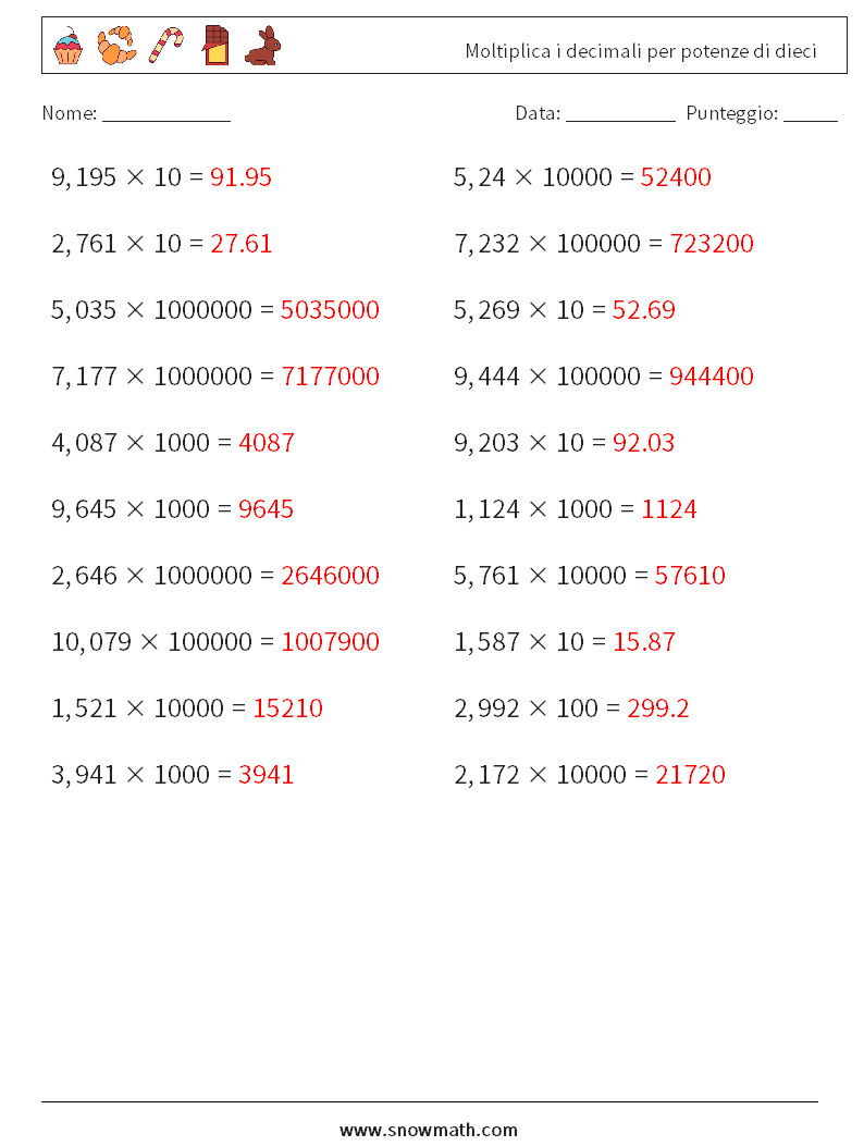 Moltiplica i decimali per potenze di dieci Fogli di lavoro di matematica 10 Domanda, Risposta