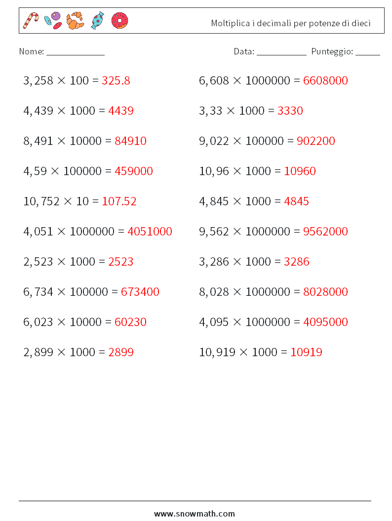 Moltiplica i decimali per potenze di dieci Fogli di lavoro di matematica 11 Domanda, Risposta