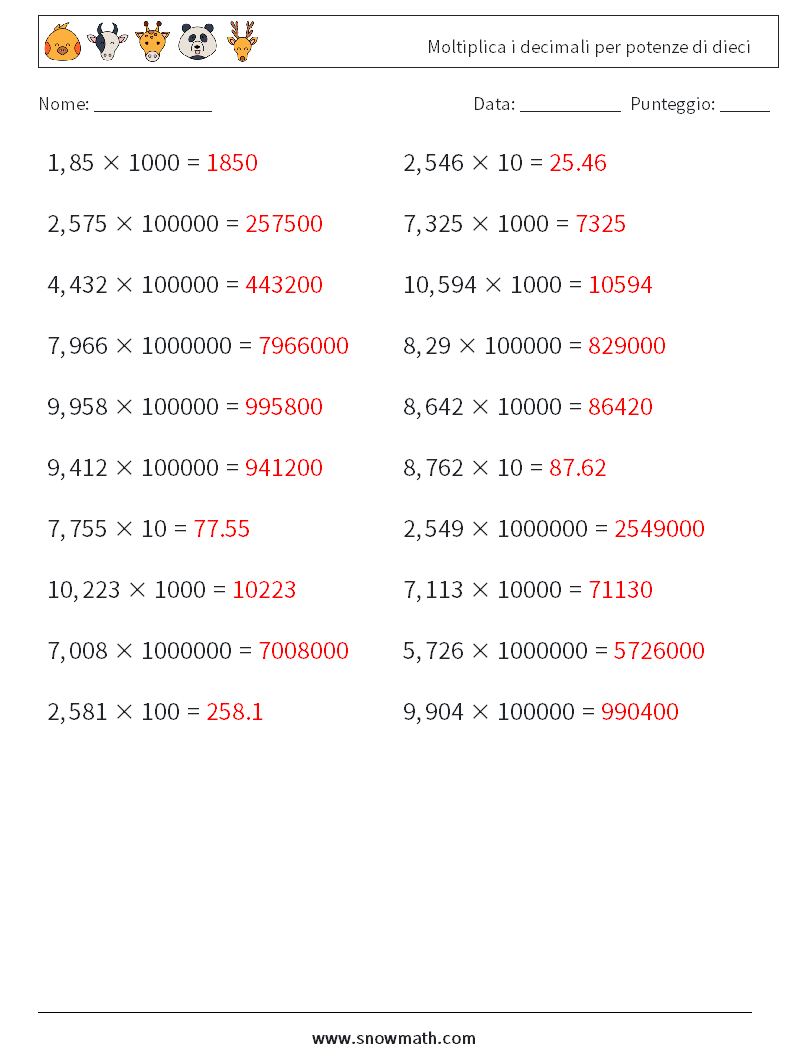 Moltiplica i decimali per potenze di dieci Fogli di lavoro di matematica 12 Domanda, Risposta