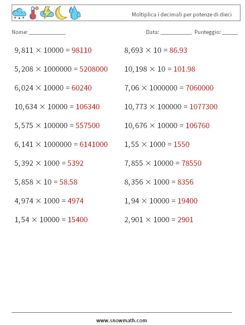 Moltiplica i decimali per potenze di dieci Fogli di lavoro di matematica 13 Domanda, Risposta