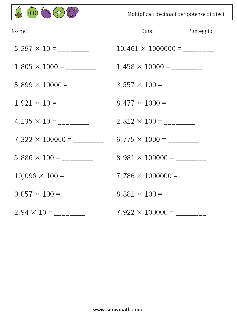 Moltiplica i decimali per potenze di dieci Fogli di lavoro di matematica 14