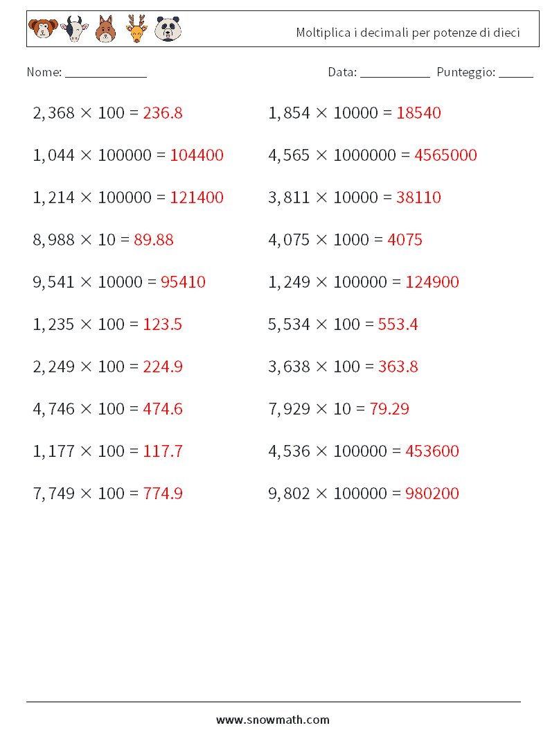 Moltiplica i decimali per potenze di dieci Fogli di lavoro di matematica 15 Domanda, Risposta