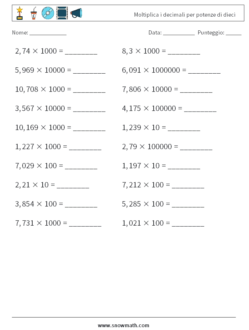 Moltiplica i decimali per potenze di dieci Fogli di lavoro di matematica 16