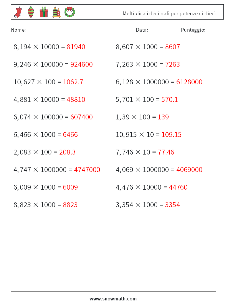 Moltiplica i decimali per potenze di dieci Fogli di lavoro di matematica 17 Domanda, Risposta