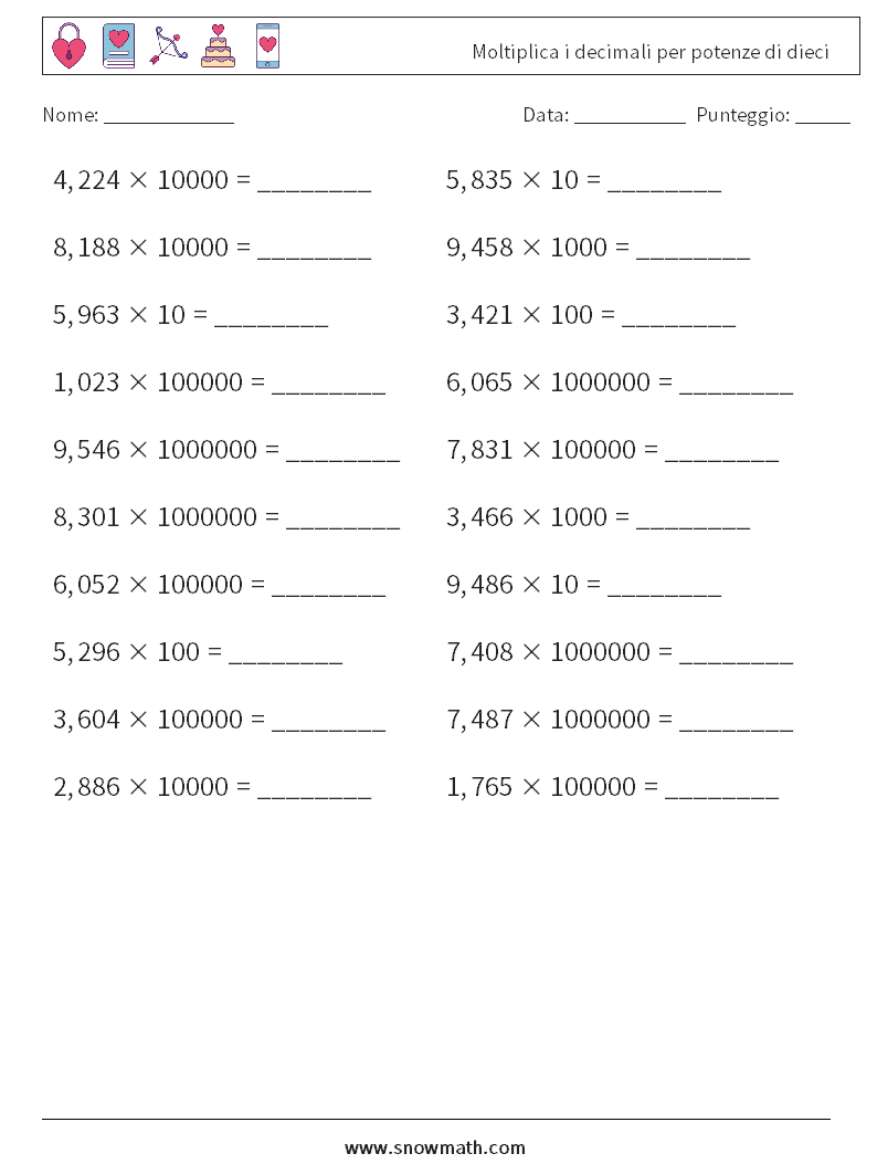 Moltiplica i decimali per potenze di dieci Fogli di lavoro di matematica 8