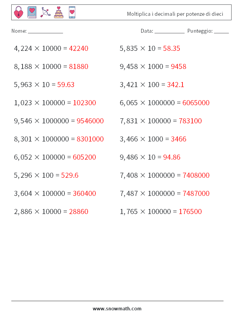 Moltiplica i decimali per potenze di dieci Fogli di lavoro di matematica 8 Domanda, Risposta