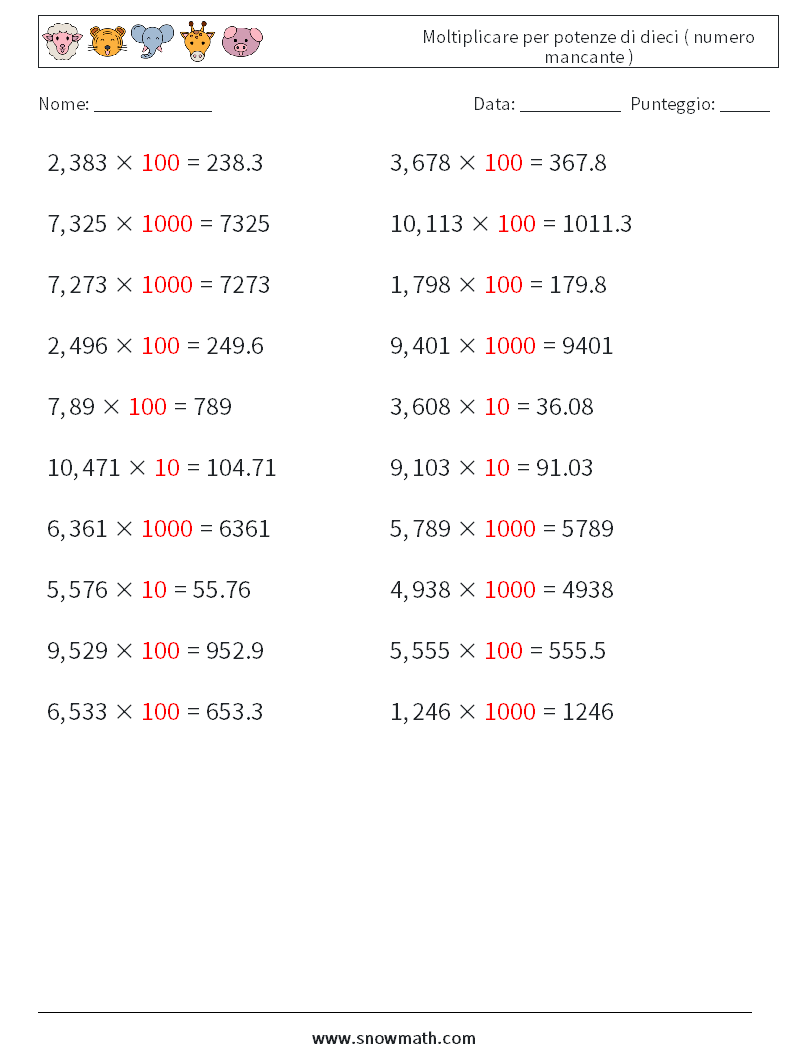 Moltiplicare per potenze di dieci ( numero mancante ) Fogli di lavoro di matematica 11 Domanda, Risposta