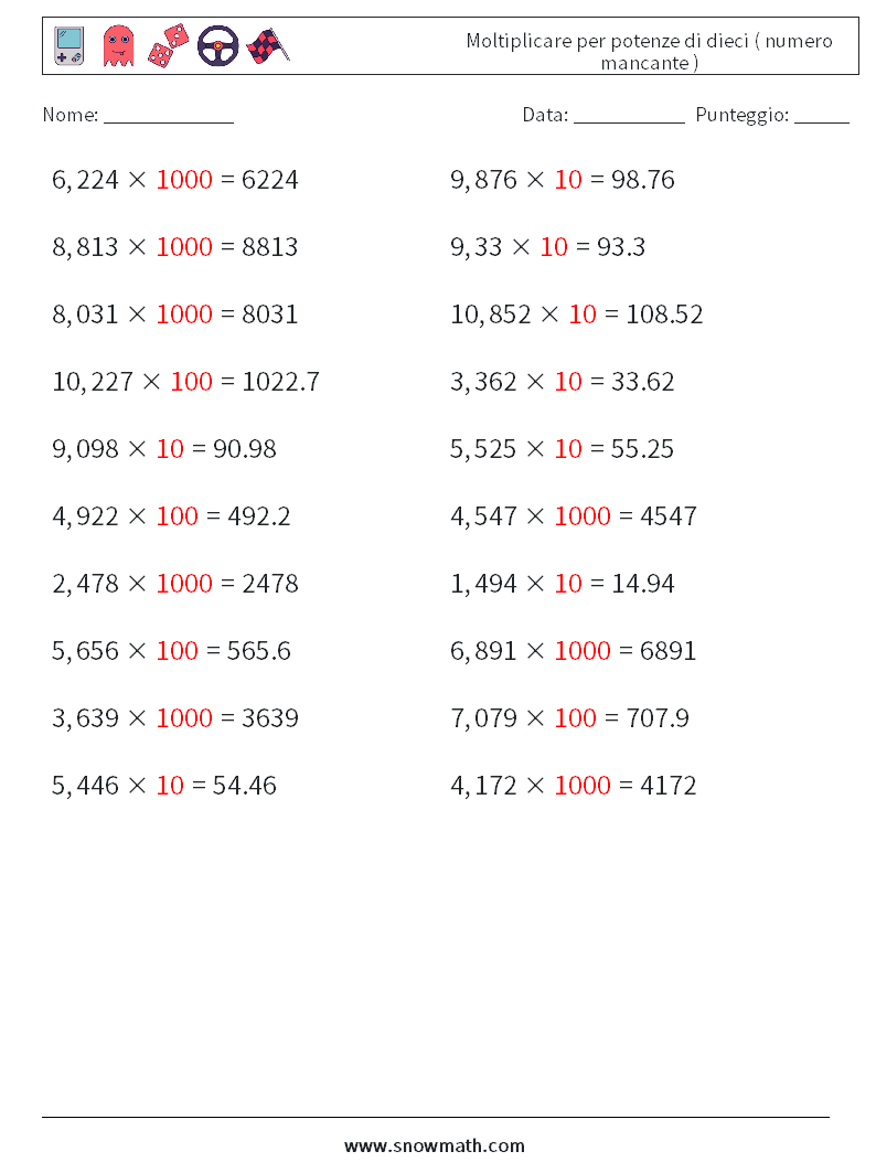 Moltiplicare per potenze di dieci ( numero mancante ) Fogli di lavoro di matematica 12 Domanda, Risposta