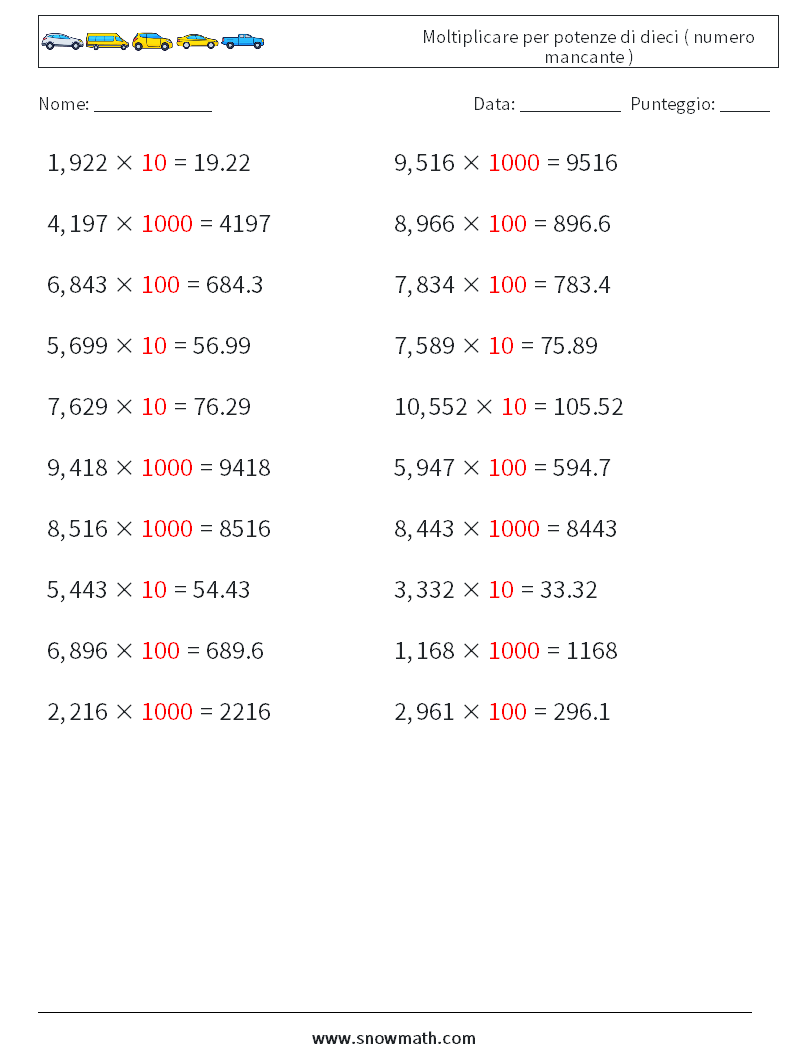 Moltiplicare per potenze di dieci ( numero mancante ) Fogli di lavoro di matematica 13 Domanda, Risposta