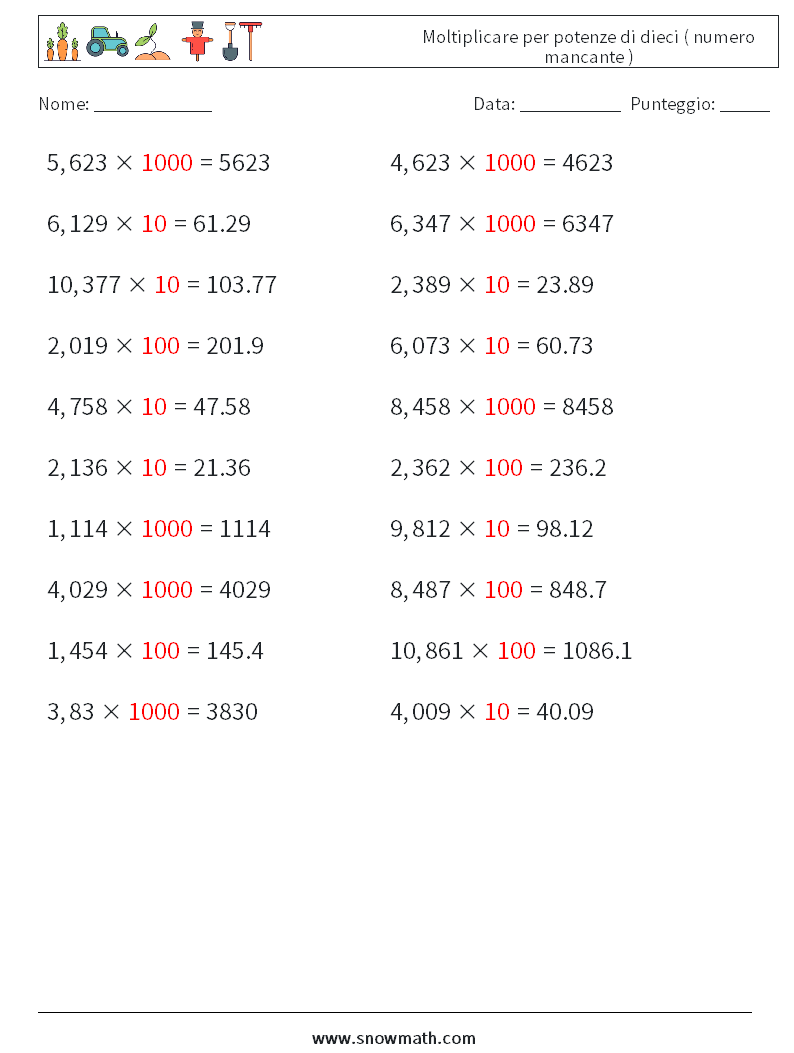 Moltiplicare per potenze di dieci ( numero mancante ) Fogli di lavoro di matematica 15 Domanda, Risposta