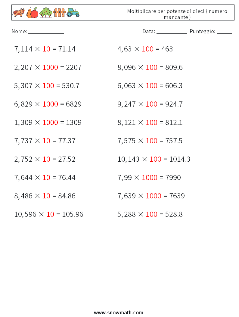 Moltiplicare per potenze di dieci ( numero mancante ) Fogli di lavoro di matematica 16 Domanda, Risposta