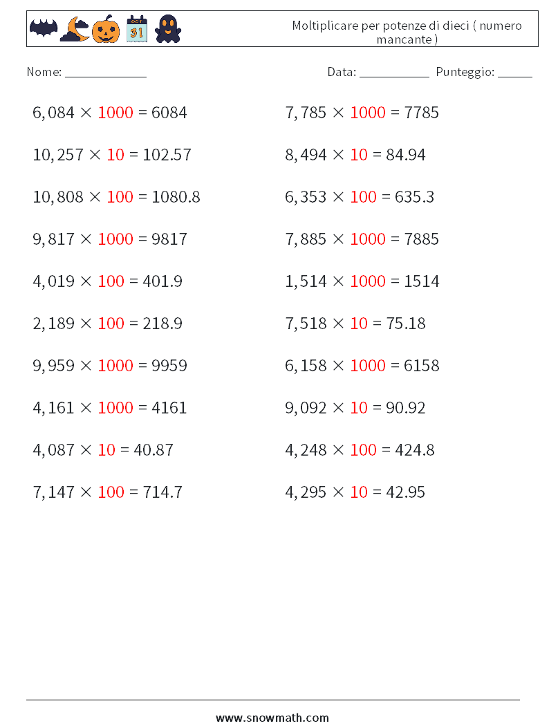 Moltiplicare per potenze di dieci ( numero mancante ) Fogli di lavoro di matematica 17 Domanda, Risposta