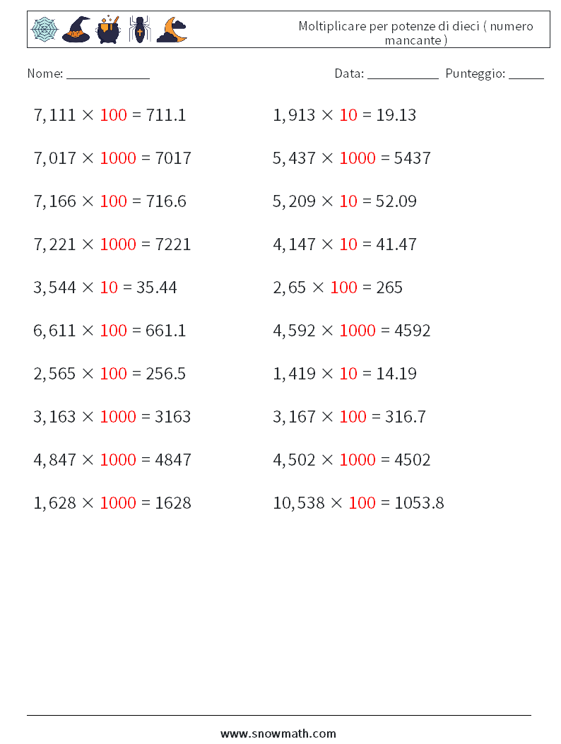 Moltiplicare per potenze di dieci ( numero mancante ) Fogli di lavoro di matematica 1 Domanda, Risposta