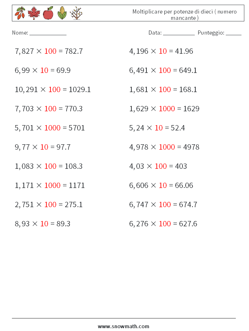 Moltiplicare per potenze di dieci ( numero mancante ) Fogli di lavoro di matematica 2 Domanda, Risposta
