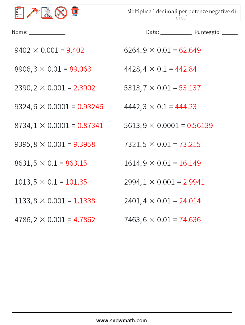 Moltiplica i decimali per potenze negative di dieci Fogli di lavoro di matematica 15 Domanda, Risposta