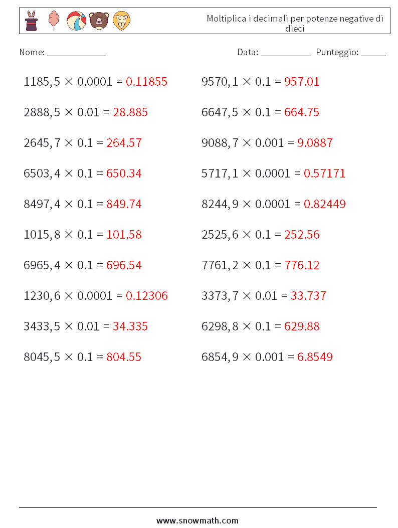 Moltiplica i decimali per potenze negative di dieci Fogli di lavoro di matematica 17 Domanda, Risposta