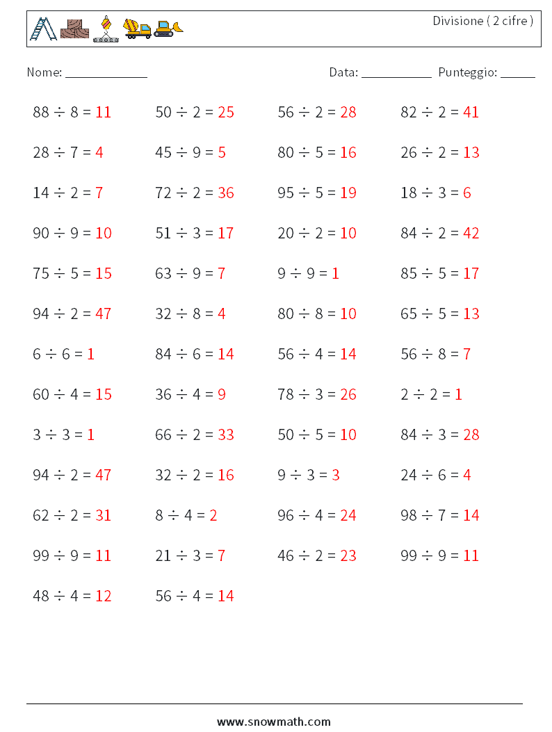 (50) Divisione ( 2 cifre ) Fogli di lavoro di matematica 2 Domanda, Risposta