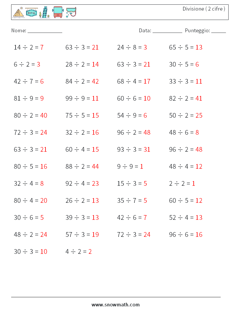 (50) Divisione ( 2 cifre ) Fogli di lavoro di matematica 3 Domanda, Risposta